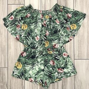 Izzy & Lola Newport Romper Womens Medium Green Tropical Floral Off Shoulder Exc